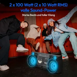 Medion P66538 Kassettenrecorder (Retro Ghettoblaster mit CD-Player, 80er, groß, USB, SD, CD, Kassetten MC, DAB+ Radio Teleskopantenne, Bluetooth, Kassettendeck, Aufnahmefunktion