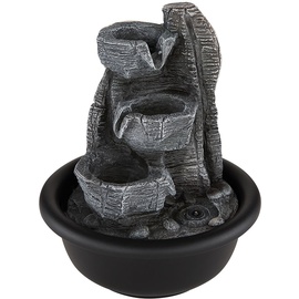 GLOBO Zimmerbrunnen Tischbrunnen mit Wasserfall LED Springbrunnen Deko Beleuchtung, Kunststoff schwarz grau, 3000K warmweiß, d 16 cm