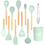 Intirilife 12-teiliges Küchenutensilien Set Küchenhelfer aus Silikon in Mint Grün - 12.5 x 32.5 cm - Antihaft Hitzebeständiges Kochbesteck mit Zange Schneebesen Pfannenwender Pinsel Schöpfkelle