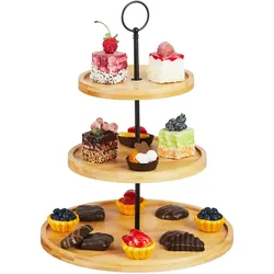 Relaxdays Etagere, 3 Etagen, Bambus, Kuchen, Snacks, Obst, Metallgriff, Servierständer, HxD: 36 x 28 cm, natur/schwarz