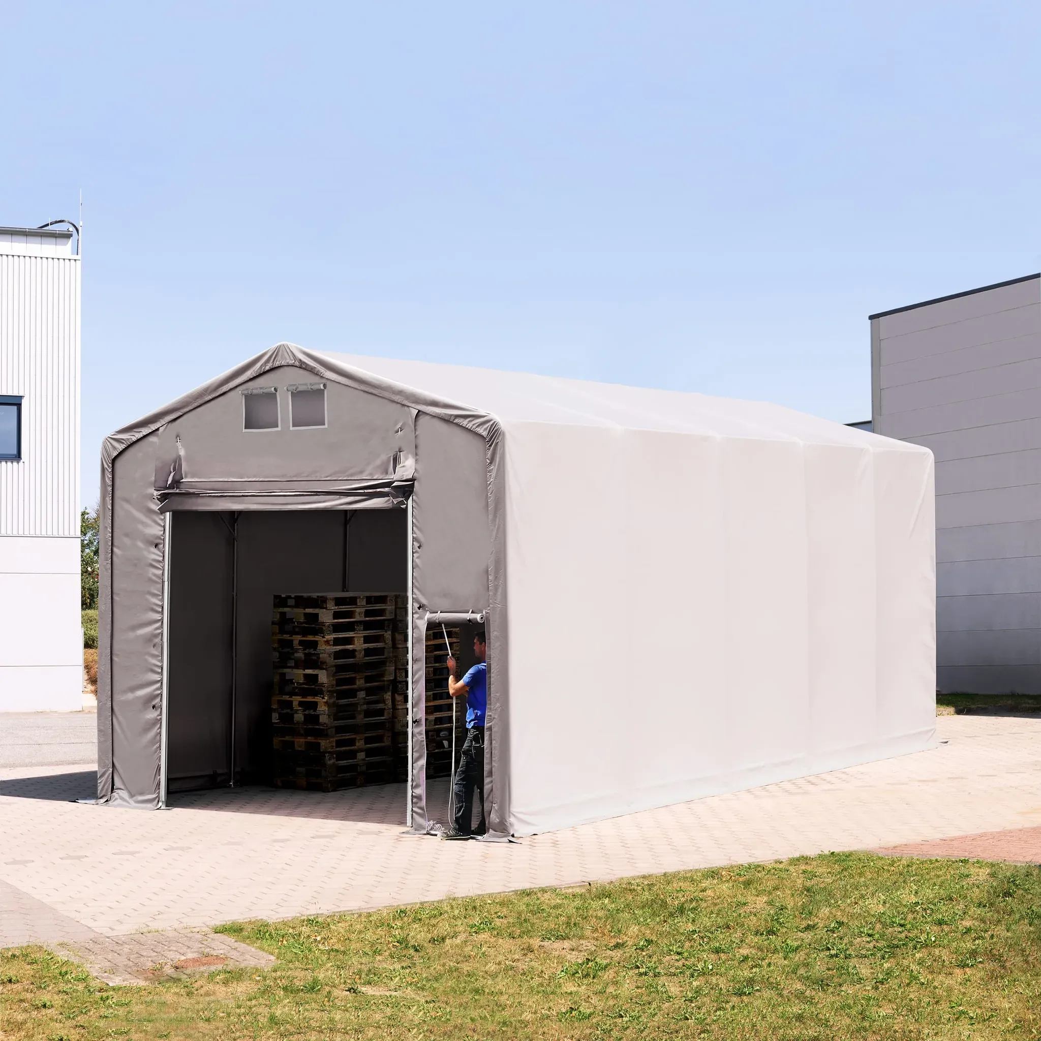 TOOLPORT Outlander 5x10 m hangar, PRIMEtex 2300, H. 4m avec porte actionnée par traction, gris, sans statique - (79990)