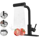 Schwarze Küchenarmatur mit Ausziehbrause – Wasserfall-Küchenarmatur – Armatur mit Ausziehbrause und 3 Funktionen