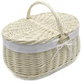 MyBer® Weidenkorb Einkaufskorb Korb Picknickkorb Stabiler Tragekorb mit 2 Deckeln aus Weide geflochten weiß mit Stoffeinlage K13-030-SW