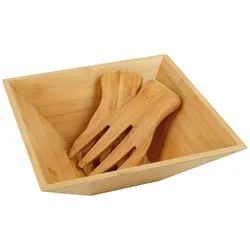 Relaxdays Salatschüssel, Bambus, Salatbesteck, Salat, Obst, Snacks, HxBxT: 10x28x28 cm, eckige Servierschüssel, natur