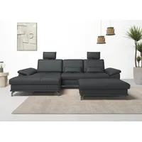 Ecksofa PLACES OF STYLE "Costello L-Form, mit Sitztiefenverstellung, Armteilverstellung und" Sofas Gr. B/H/T: 301cm x 89cm x 176cm, Material, Recamiere links, ohne Bettfunktion-ohne Bettkasten, schwarz 3 Nierenkissen, optional Bettfunktion und Bettkasten