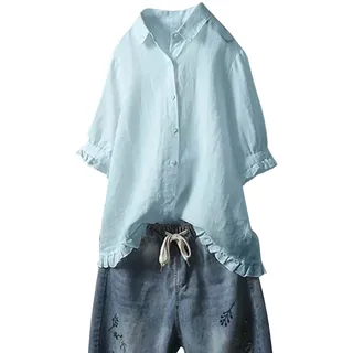 ZWDC Damen Musselin Bluse Sommer Leichte Atmungsaktive Leinenbluse Locker Freizeit Leinenhemd Oberteil Aus Baumwolle Und Leinen Mit V-Ausschnitt Und Dreiviertelärmeln Top Hemdbluse Für Alltag - L