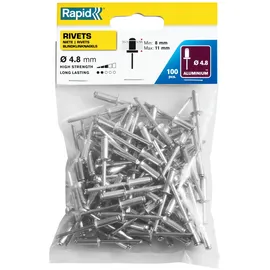 Rapid Blindnieten Aluminium Standard Ø 4,8mm, 8-11mm Klemmbereich, 100 Stück pro Beutel, für Blindnietzangen