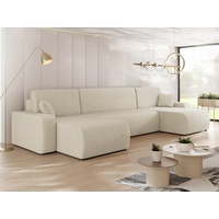 Mirjan24 Wohnlandschaft Piano U Cord, Wohnzimmer Eckcouch mit Bettkasten und Schlaffunktion, Schwarze Füße, Wellenfeder, U-Form (Farbe: Poso 100) - Beige