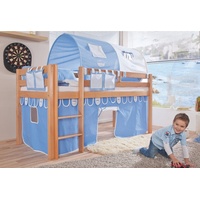 RELITA Hochbett Alex 90 x 200 cm inkl. Rollrost und Textilset Buche massiv natur lackiert blau/boy