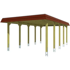 SKANHOLZ Walmdach Carport aus Nadelholz 3,96 x 7,41 m rote Blende