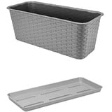 VERDENIA Rattan Blumentopf Blumenkübel Balkonblumentopf Dekorativer Topf für Außenbereich 40cm Grau und Blumentopf Untersetzer Blumentopfuntersetzer 40cm Grau