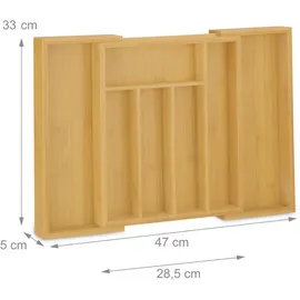 Relaxdays Besteckkasten, ausziehbar, 5 bis 7 Fächer, Schubladen Ordnungssystem, Bambus & MDF, Besteck Organizer, natur