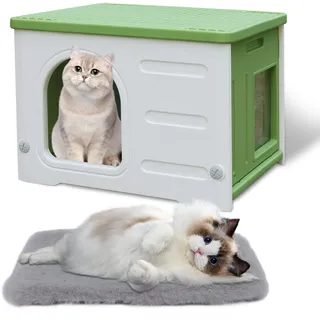 Kunststoff-Katzenhaus für Outdoor Indoor-Gebrauch, stapelbar verwilderte Katze Unterschlupf Indoor-Katzenhaus isoliert wetterfest wasserdicht -Grün