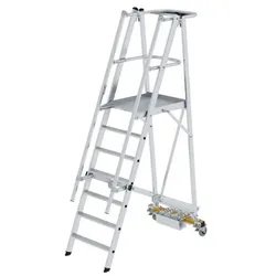 Podestleiter 7 Stufen, fahrbar, Aluminium/Aluminium