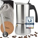 Milu Espressokocher Induktion geeignet | 2, 4, 6, 9 Tassen | Edelstahl Mokkakanne, Espressokanne, Espresso Maker Set inkl. Untersetzer, Löffel, Bürste (4 Tassen 200ml)