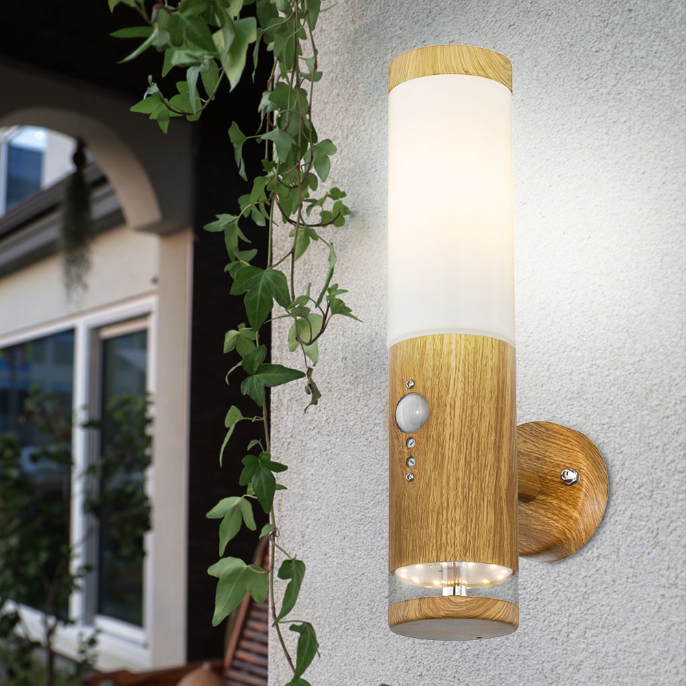 Wandleuchte Aussen Edelstahl LED Außenlampe Garten mit Bewegungsmelder, App Steuerung dimmbar Holz Optik mit Deko LED, 1x Smart RGB LED 10W, BxH 8,5 x 35 cm