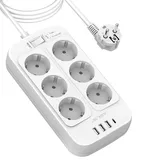JSVER Steckdosenleiste 3M,Überspannungsschutz 6 Fach mit 4 USB Ladeanschlüsse, Mehrfachsteckdose mit USB C, Steckerleiste Wandmontage (3680W 16A) für Smartphones, Laptop -Weiß