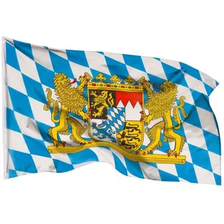 PHENO FLAGS Flagge Bayern Flagge cm Freistaat Fahne mit Wappen & Löwen (Hissflagge für Fahnenmast), Inkl. 2 Messing Ösen 90 x 150 cm