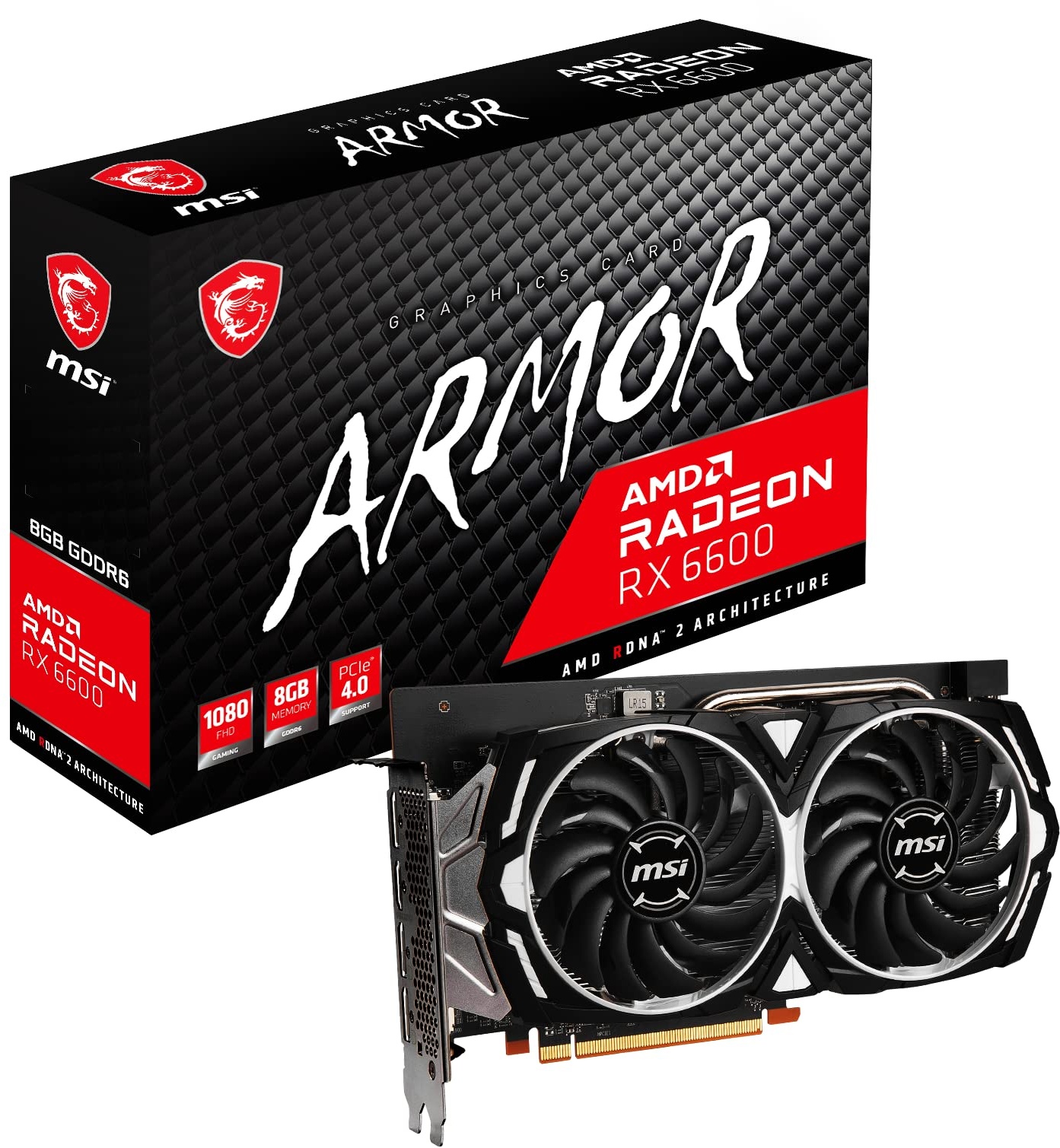 MSI Radeon RX 6600 ARMOR 8G Gaming Grafikkarte - AMD RX 6600, GPU 2044/2491 MHz, 8000MB DDR6 Speicher
