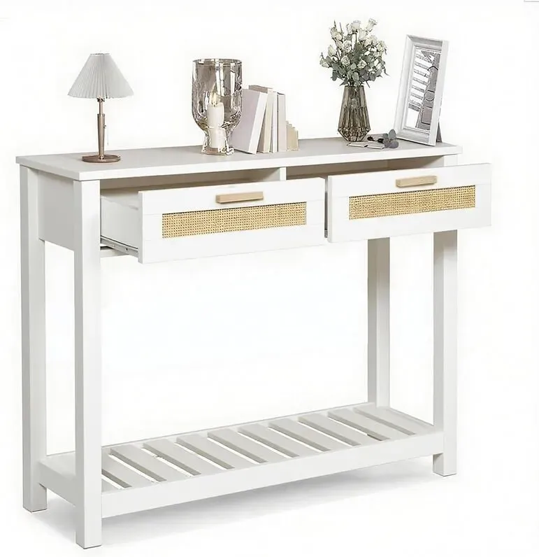 GRAVFORCE Schmaler Konsolentisch mit 2 Schubladen, offenes Regal, Beistelltisch mit Kippschutz, Flurmöbel, Sofatisch für Eingangsbereich, Wohnzimmer, Rattan (Weiß)