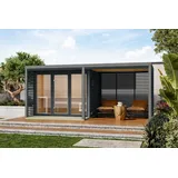 Karibu 38 mm Saunahaus Ares 3 Naturbelassen/Anthrazit + Anbaudach inkl. 9 kW Ofen + Huum Wlan Steuerung