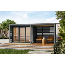 Karibu 38 mm Saunahaus Ares 3 Naturbelassen/Anthrazit + Anbaudach inkl. 9 kW Ofen + Huum Wlan Steuerung