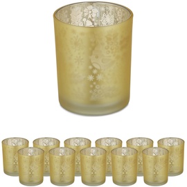 Relaxdays Teelichtgläser, 12er Set, Teelichthalter aus Glas, Weihnachten, Votivgläser, H x D: 8,5 x 7 cm, Deko, gold