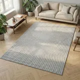 Carpetsale24 Kurzflor Teppich 160x230 cm Grau Wohnzimmer, Schlafzimmer, Küche, 3D Hoch-Tief-Effekt, Skandinavisch Boho Motiv, für Outdoor Bereich geeignet Terrassen oder im Balkon