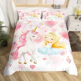 Loussiesd Kinder Einhorn Druck Bettbezug Set Ballett Mädchen Bettwäsche Set 135x200cm Rosa Einhorn Pferd und Mädchen Tanz Bettwäsche-Set mit 1 Kissenbezug 80x80cm, weiche Mikrofaser