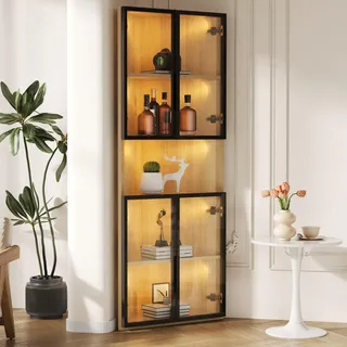 BTM Eiche Glasvitrine Stehend mit Tür, Eckvitrine Wohnzimmer, 160cm LED Vitrine Schmal Sammlervitrine Eckschrank