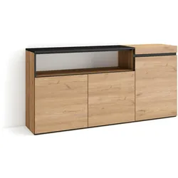 SKRAUT HOME Sideboard, Schrank, Küche, Schrank, Flurmöbel, 150x35x75cm, 3 Türen, Viel Stauraum, Moderner Stil, Eiche und Schwarz - 69_1