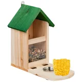 Relaxdays Eichhörnchen Futterhaus, mit Maiskolbenhalter, Napf, Sitzplattform, Natur/grün
