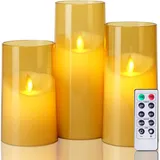 Homemory Flammenlose Kerzen, Batteriebetriebene Kerzen, LED-Kerzen Flackern mit Fernbedienung und Timer, Bewegliche Flamme, Acryl, Gold, 3er-Set