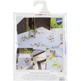 Vervaco Kreuzstich Stickpackungen Tischdecke Meise & Stiefmütterchen Stickdecken Vorgezeichnet Basteln Erwachsene Kreativ Set Vorgedruckte Decke Sticken 80 x 80 cm Stickset DIY Sticken