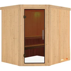 Karibu Sauna Siirin mit Eckeinstieg 68 mm-Ohne Ofen-ohne Dachkranz-Ganzglastür in Graphit-Optik inkl. gratis Saunaofen im Wert von 599,99 €