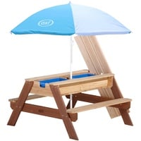 AXI Nick Sand & Wasser Picknicktisch Braun - Sonnenschirm Blau/weiß