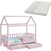 Juskys Kinderbett Marli 80 x 160 cm mit Matratze, Bettkasten, Gitter, Lattenrost & Dach - Bett Rosa