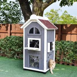 PawHut Katzenhaus für Katzenbett oder Katzentoilette Vielseitiger Katzenschrank, Tannenholz, Asphaltdach, Grau, 59x55x109cm Aosom