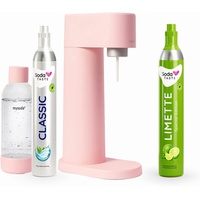 Sparpaket: Mysoda Woody - Wassersprudler aus erneuerbarem Holzkomposit mit 1L BPA-freier Plastikflasche, CO2-Zylinder Classic + CO2-Zylinder Limette (Rosa)