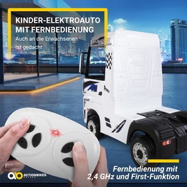 Actionbikes Motors Kinder-Elektroauto Mercedes Benz Actros Truck, lizenziert, 180 Watt, Allrad, 3-6 km/h, Stoßdämpfer (Weiß)