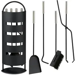 Relaxdays Kaminbesteck, 5-teiliges Set, Schürhaken, Ascheschaufel, Besen, Zange & Ständer, Kamingarnitur, schwarz/silber