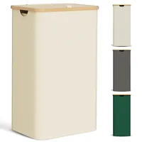 YOUDENOVA Wäschekorb mit Deckel 85L Wäschesammler schmal mit Wäschesack Groß faltbarer Wäschesortierer Holz Bambus Wäschetruhe hoch Laundry Baskets, Beige