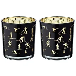 EDZARD 2er-Set Teelichtglas Monty (Höhe 8 cm, ø 7,5 cm), Windlicht mit Skisport Motiv,  gold / schwarz