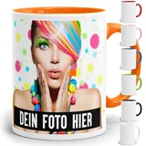 Fototasse selbst individuell gestalten/Personalisiert mit Foto oder Bild Bedrucken/Tasse in verschiedenen Farben aus Keramik (Orange)