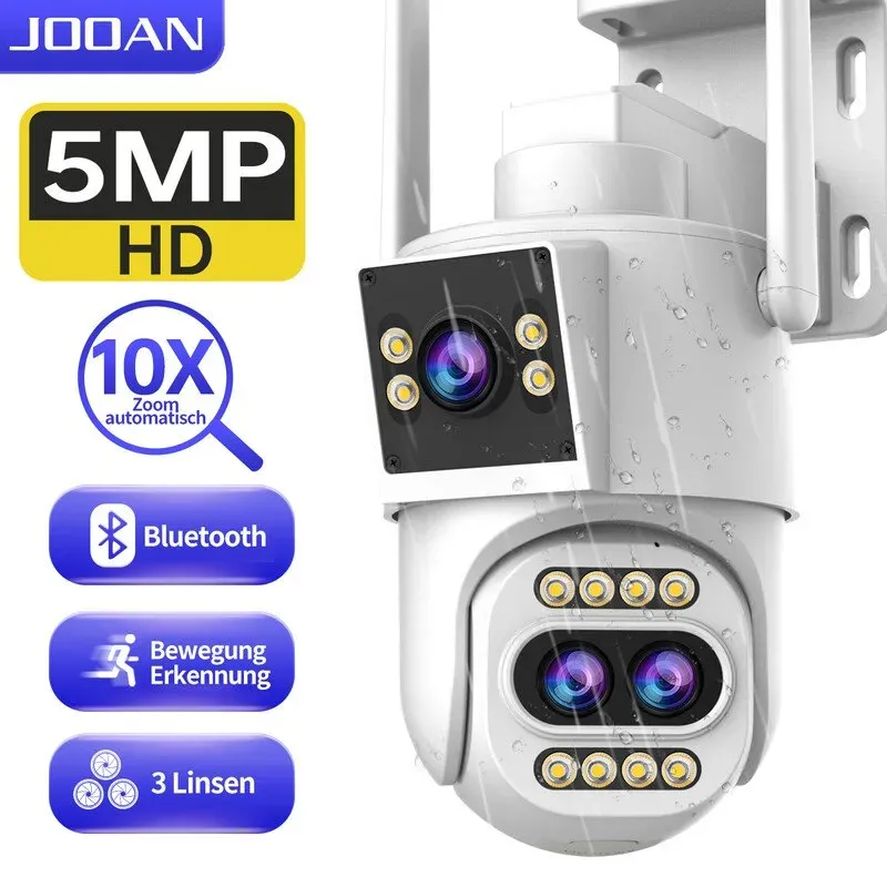 JOOAN Outdoor-Sicherheitskamera mit 3 Objektiven und 2 Ansichten【10-fach optischer Zoom und automatische Verfolgung】IP-Kamera zur Heimüberwachung, 360° PTZ, 2,4-G-WLAN, kabelgebunden, IP66 wasserdicht, Bewegungsalarm, 8-256 G Speicherkarte/Cloud-Speicher, SMS-Alarmbenachrichtigung