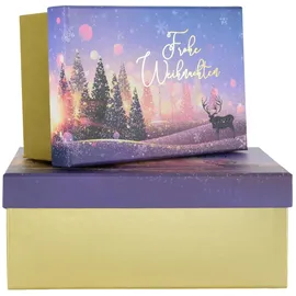 IDENA 30494 - Geschenkbox mit Deckel, 2 Stück in den Größen 19 x 8 x 13 und 23 x 9 x 15 cm, Schachtel Frohe Weihnachten in Gold und Lila