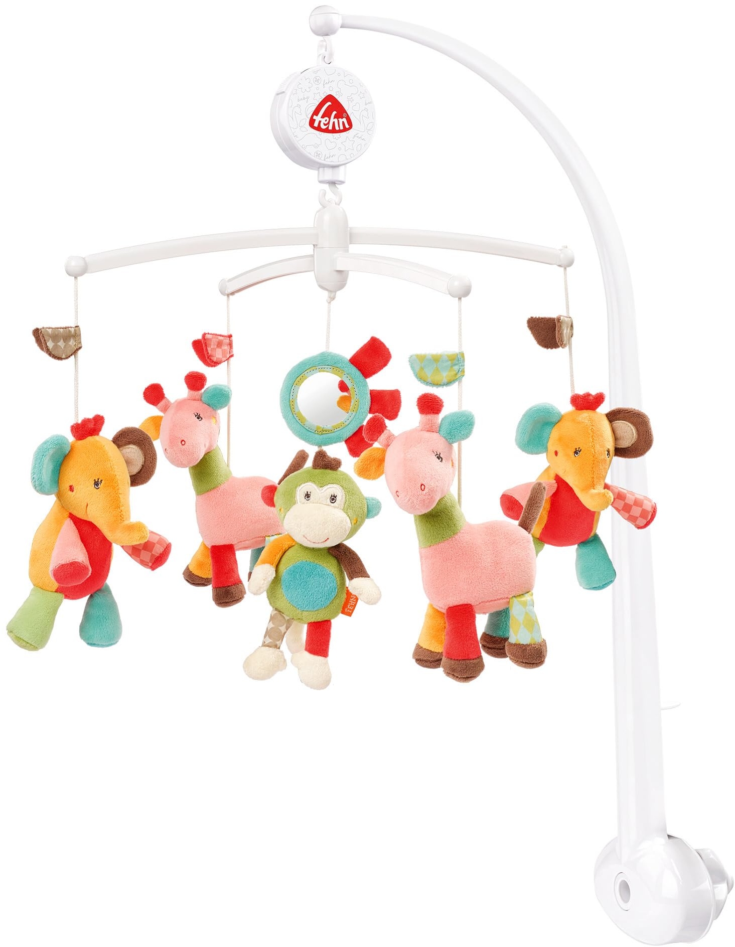 Fehn Musik Mobile Safari - Baby Einschlafhilfe Musikspielzeug mit süßen Tieren - Babymobile Spieluhr Melodie "Brahms Wiegenlied" - Musikmobile Babybett Zubehör Spielzeug für Babys von 0–5 Monaten