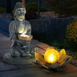 GLOBO 2er Set LED Solarleuchten, 1x Lotusblume 1x Buddha