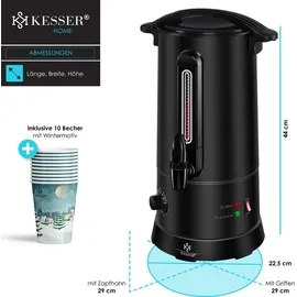 Kesser KESSER® Glühweinkessel 10L Edelstahl Inkl. 10x Becher Glühweinkocher mit Thermostat Glühweinautomat Heißgetränkeautomat Wasserkocher Heißwasserspender Einkochautomat Füllstandanzeige Zapfhahn