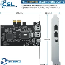 CSL PCI Firewire Karte Erweiterungskarte - PCI-E - 3 Anschlüsse - 1394a 1394b -Controller-Karte - 2 x 6 Pin und 1 x 4 Pin für Desktop-PC